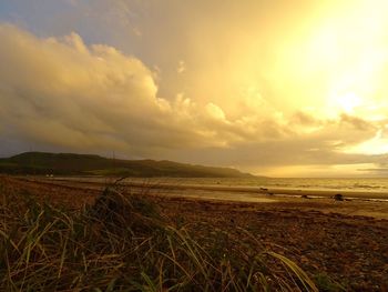 Scenic view of field against sky during sunset