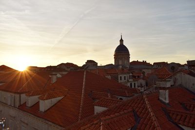 Europe, croatia, old medieval town dubrovnik, panoramic view over rooftops at dusk, sunrise 