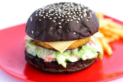 Close-up of burger in plate