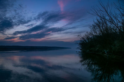 Scenic view of lake against sky at sunset