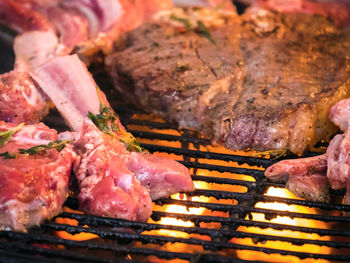 Close-up of meat on barbecue grill