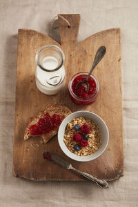 Granola fruit jam toast and milk breakfast
