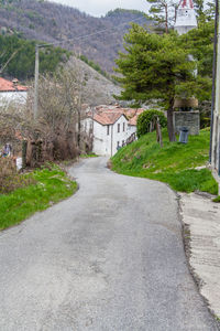 Road amidst trees and buildings against sky