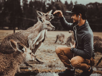 Full length of smiling man looking at kangaroos in zoo