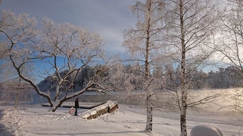 Man standing on snow by bare trees in park