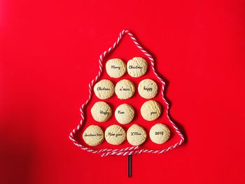 Close-up of cake against red background