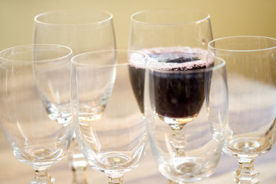 Close-up of wine glasses on table