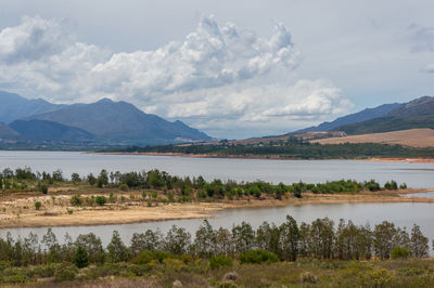 Scenic landscape of lake and mountains on the background. theewaterskloof dam in south africa