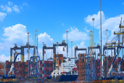 Panoramic view of harbor against sky