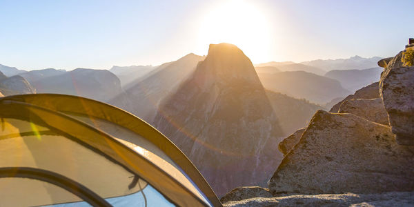 Panoramic view of mountains against clear sky