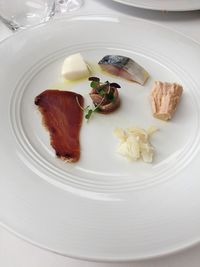 High angle view of seafood served in plate on table