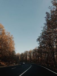 Empty road along trees and against sky