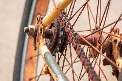 Close-up of rusty bicycle wheel