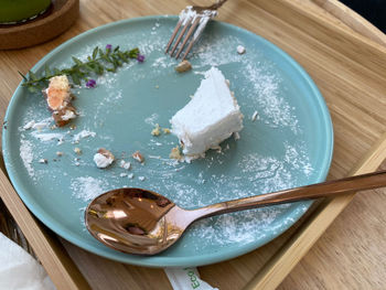 High angle view of dessert in plate on table