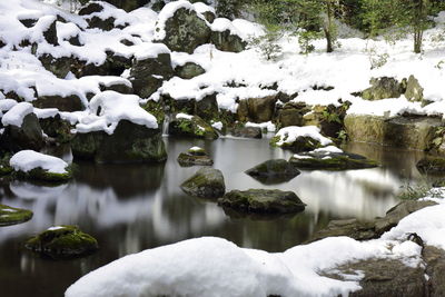 View of snow covered rocks with water