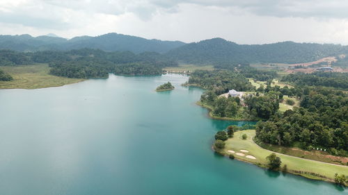 High angle view of lake against sky