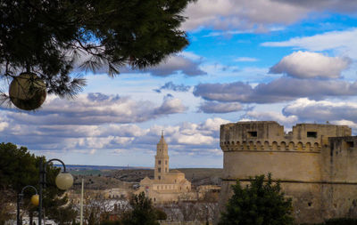 Buildings in city against cloudy sky