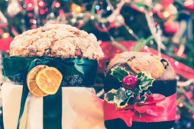 Close-up of christmas decorations on table