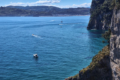 High angle view of sailboat in sea