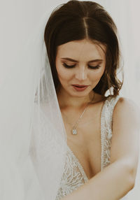 Portrait of a young beautiful caucasian bride.