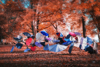 Group of people sitting in park during autumn