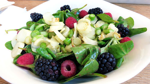 High angle view of salad in plate on table