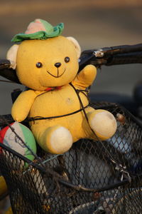Stuffed toy in bicycle basket