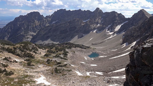 Aerial view of snowcapped mountains against sky