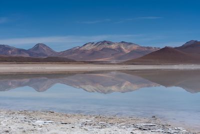 Scenic view of lake and mountains against blue sky