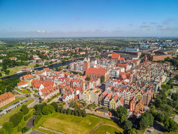 High angle shot of townscape against sky