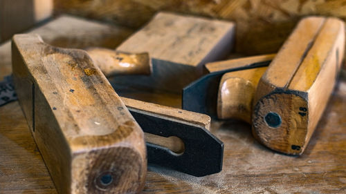 High angle view of wood on table