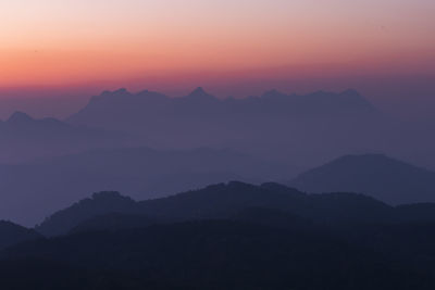 Scenic view of silhouette mountains against sky during sunset