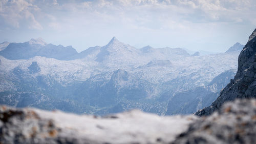 Alpine landscape with mountain ranges viewed from high mountain summit, watzmann, germany