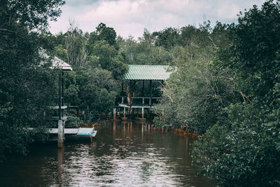 Built structure in lake against sky