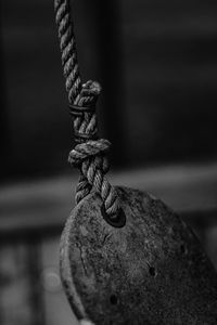 Close-up of rope tied on wooden plank