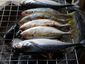 High angle view of fish on barbecue grill