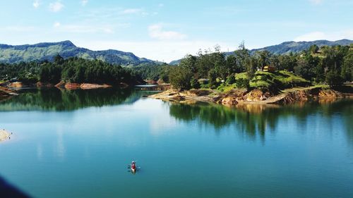 Scenic view of lake and mountains against sky