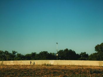 Scenic view of grassy field against blue sky