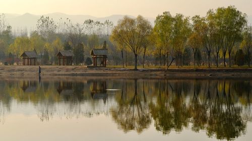 Reflection of trees in lake against sky