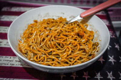 Close-up of noodles in bowl on table