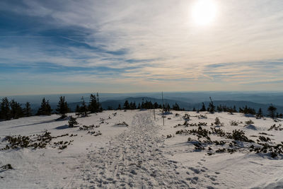 Scenic view of snow covered field against sky during sunset