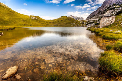 Scenic view of lake and mountains against sky