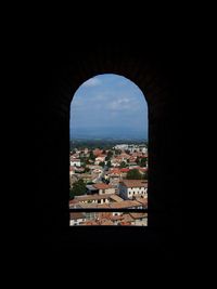 Cityscape seen through window