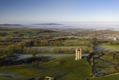 High angle view of land against sky