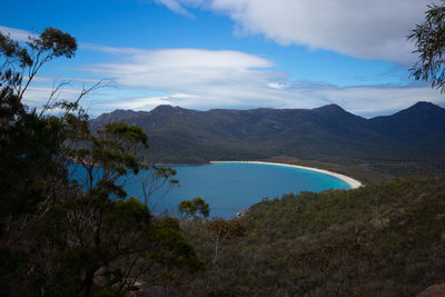 Scenic view of lake and mountains against sky