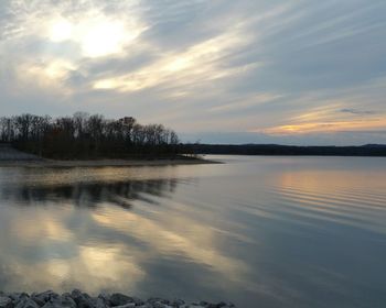 Scenic view of lake against sky at sunset