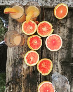 High angle view of squeezed grapefruits