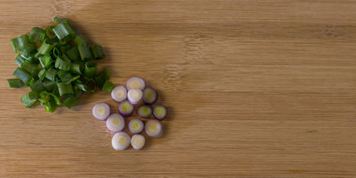 High angle view of chopped vegetables on table