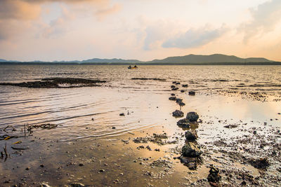 Scenic view of beach against sky during sunset