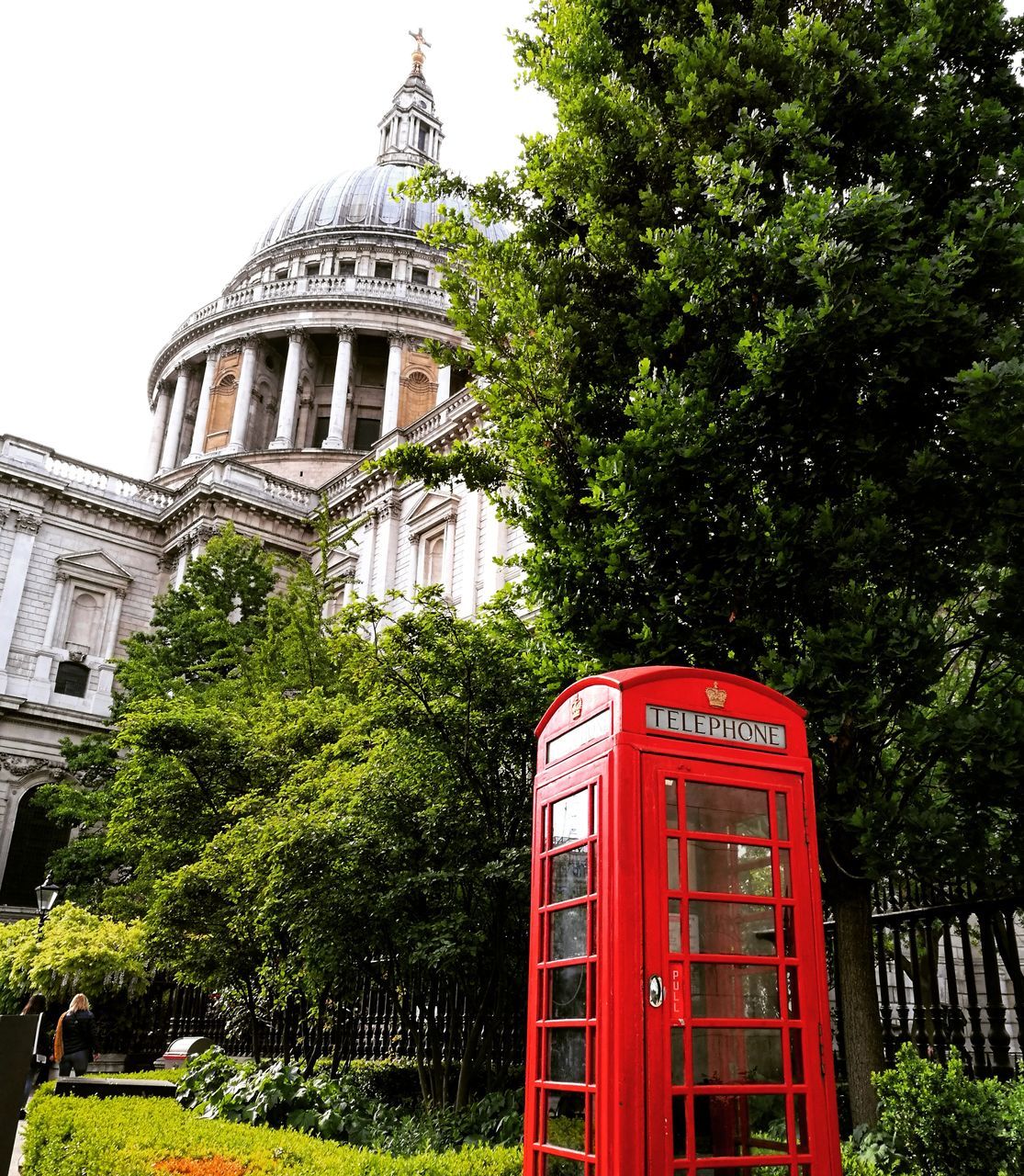 tree, telephone booth, architecture, communication, built structure, pay phone, building exterior, red, day, outdoors, no people, sky, nature